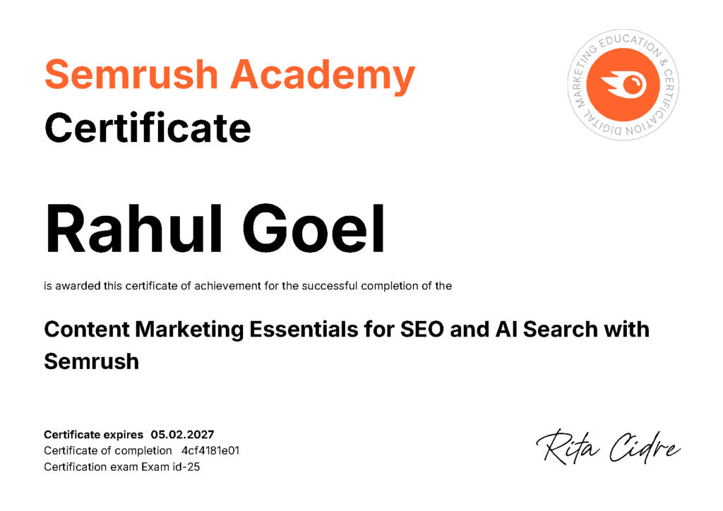 Rahul Goel's certificate image: Content Marketing Essentials for SEO and AI Search with Semrush