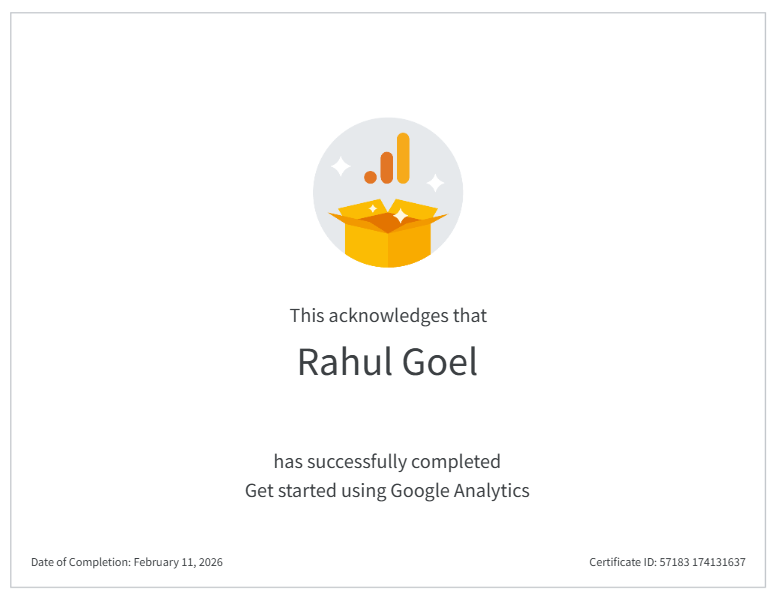 Rahul Goel's certificate image: Get Started using Google Analytics with Google