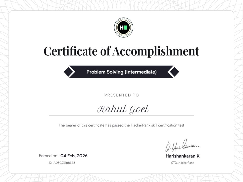 Rahul Goel's certificate image: Problem Solving (Intermediate) with HackerRank