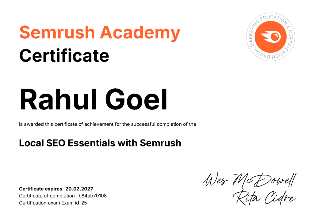 Rahul Goel's certificate image: Local SEO Essentials with Semrush