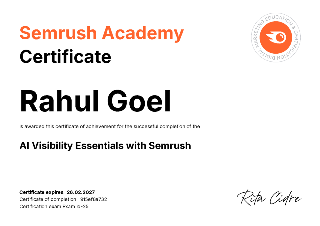 Rahul Goel's certificate image: AI Visibility Essentials with Semrush